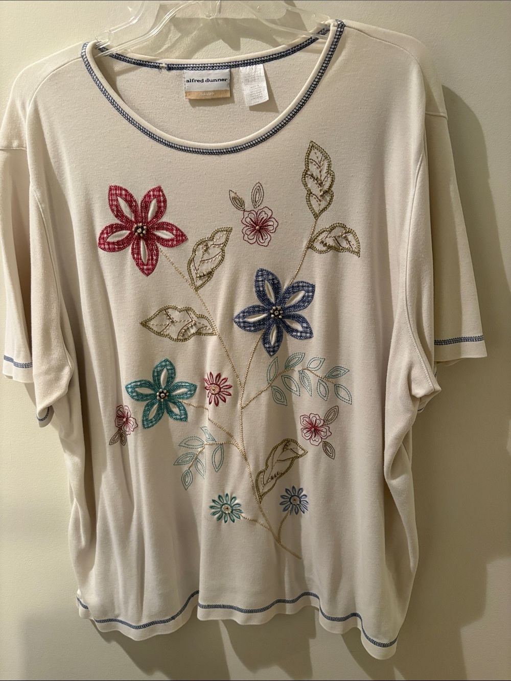Alfred Dunner Cream Short Sleeve Top with Multicolor Floral Embroidery